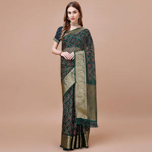 green-bandhani-printed-organza-saree-with-woven-border