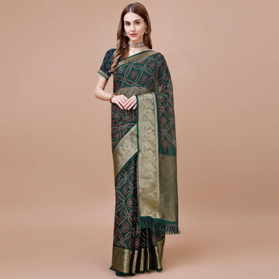 green-bandhani-printed-organza-saree-with-woven-border