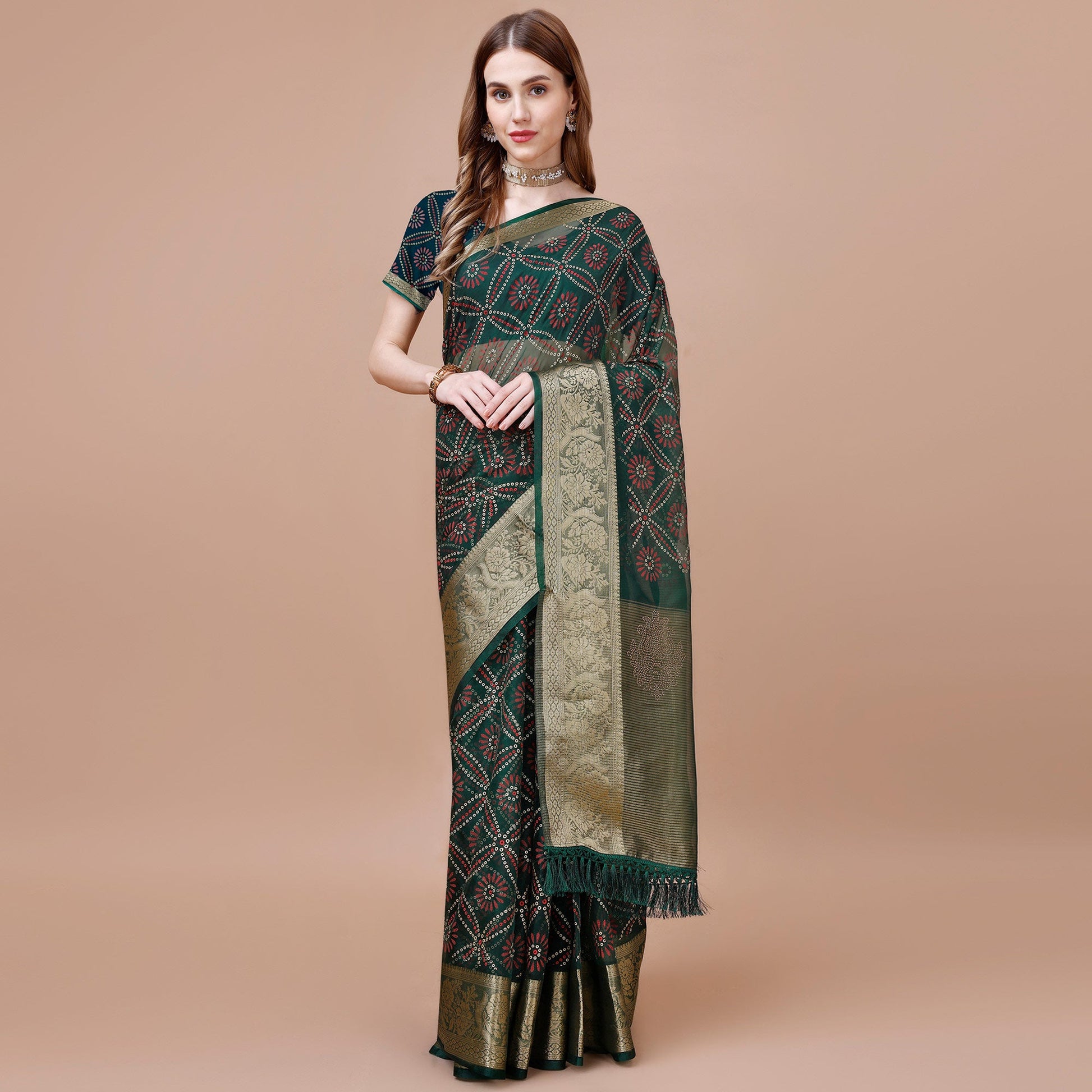 green-bandhani-printed-organza-saree-with-woven-border