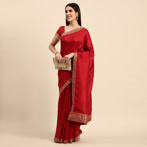 Maroon Solid Vichitra Silk Saree With Fancy Zari Border