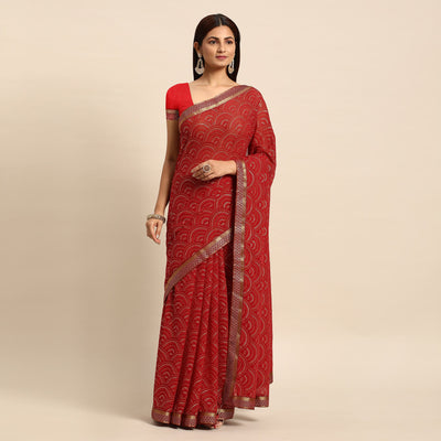 Maroon Foil Printed Chiffon Saree With Tassels