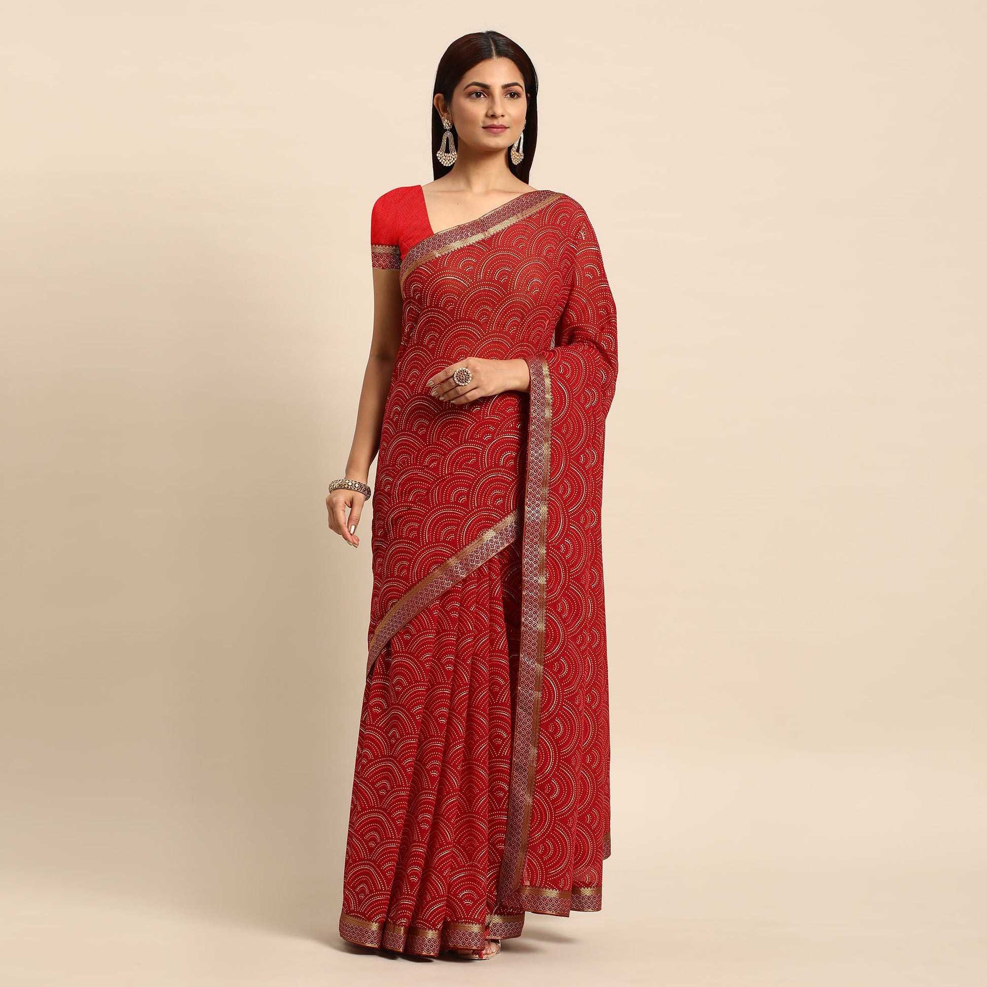 Maroon Foil Printed Chiffon Saree With Tassels