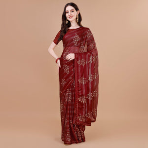Maroon Foil Printed Chiffon Saree With Lace Border