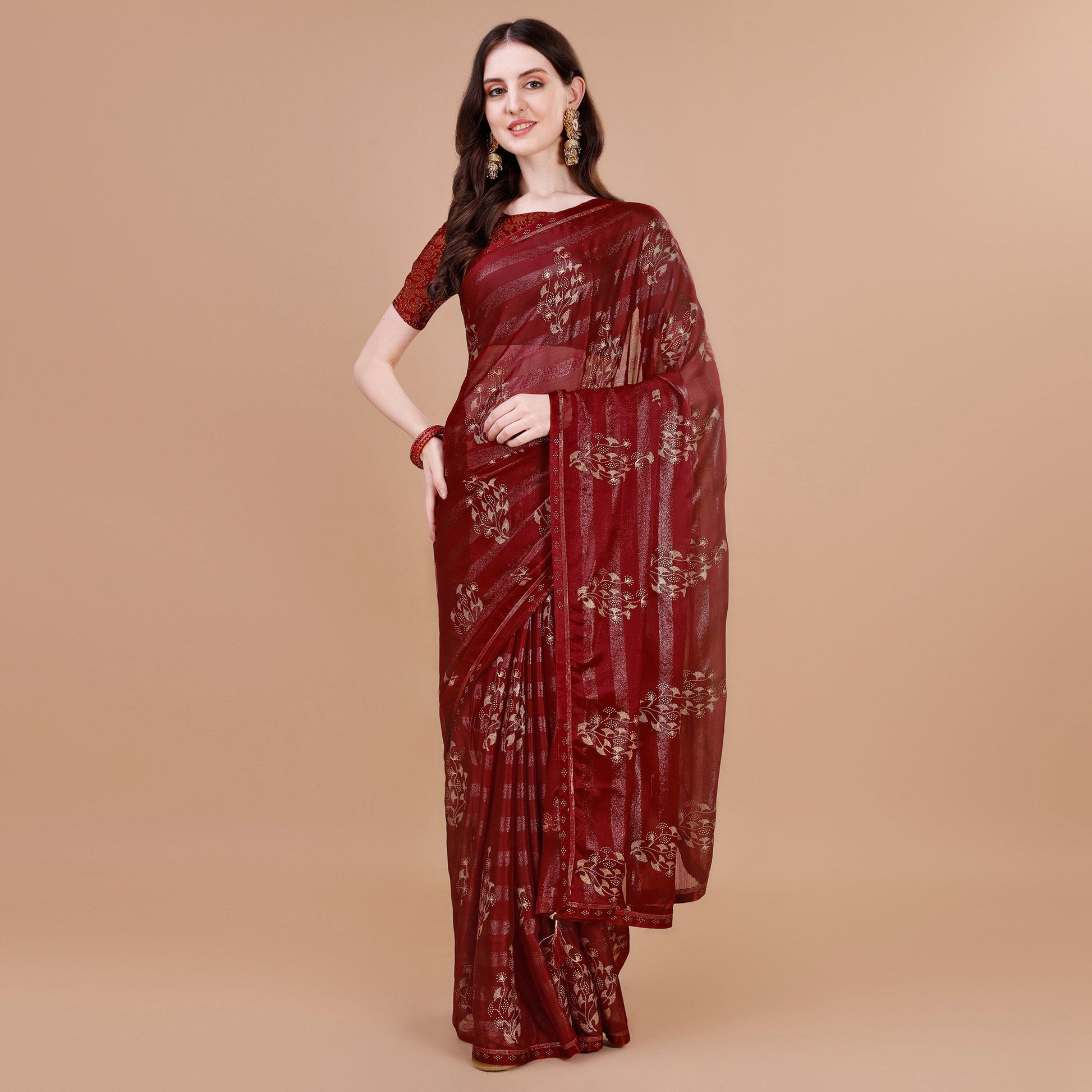 Maroon Foil Printed Chiffon Saree With Lace Border
