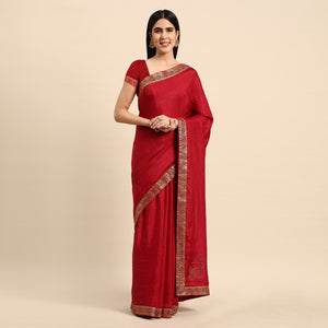 Maroon Swarovski Work Vichitra Silk Saree With Fancy Border