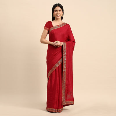 Maroon Swarovski Work Vichitra Silk Saree With Fancy Border