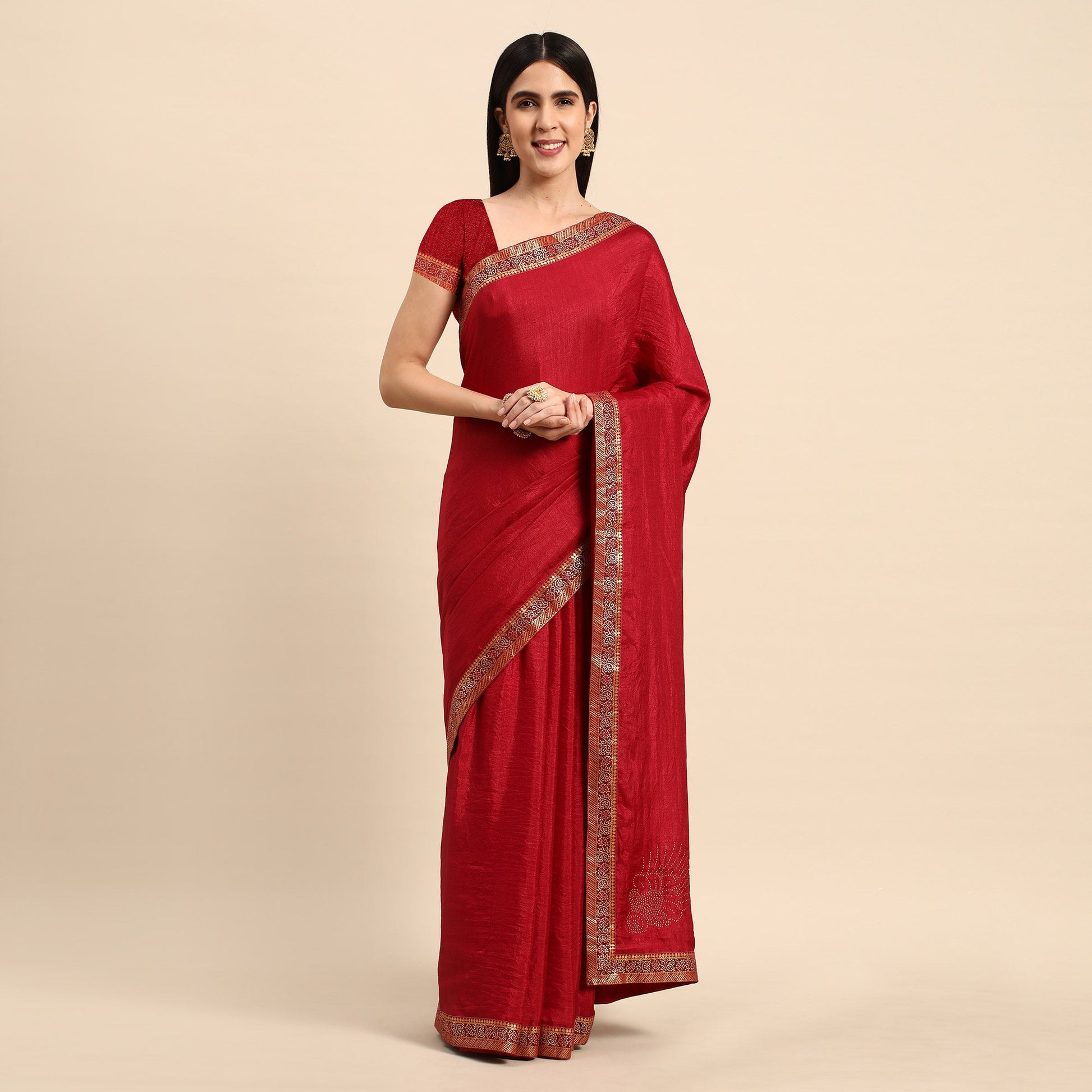 Maroon Swarovski Work Vichitra Silk Saree With Fancy Border