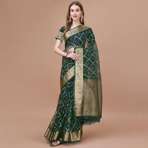 green-bandhani-printed-organza-saree-with-woven-border-2