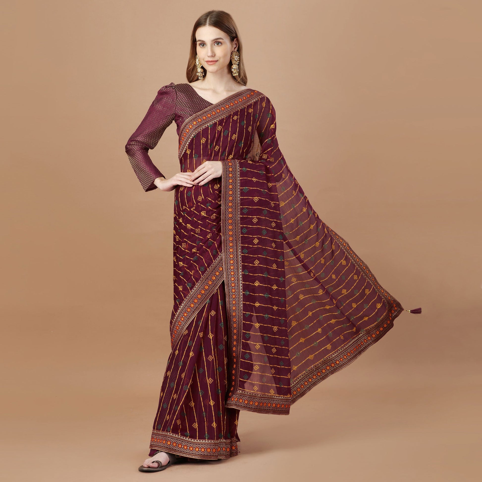 Maroon Foil Printed Chiffon Saree With Lace Border