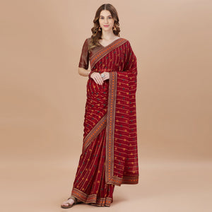 Maroon Foil Printed Chiffon Saree With Lace Border