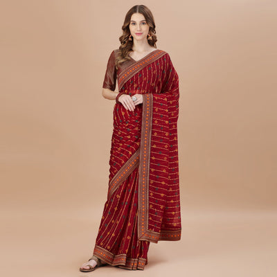 Maroon Foil Printed Chiffon Saree With Lace Border