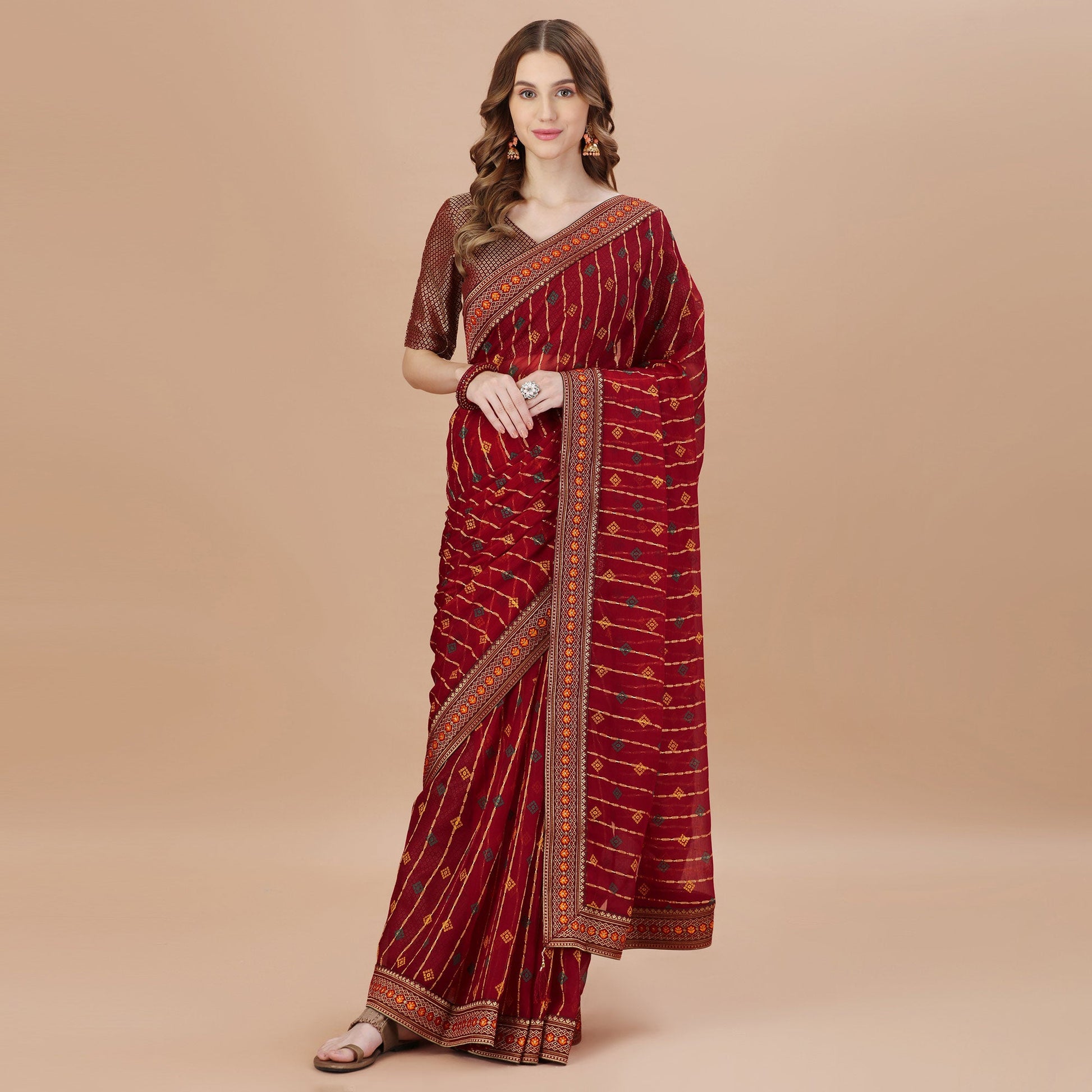 Maroon Foil Printed Chiffon Saree With Lace Border