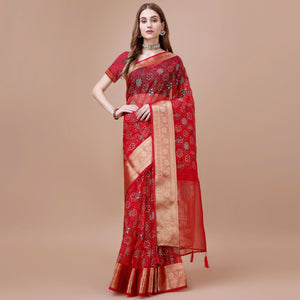 Dark Red Bandhani Printed Organza Saree With Woven Border