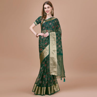 green-bandhani-printed-organza-saree-with-woven-border-1