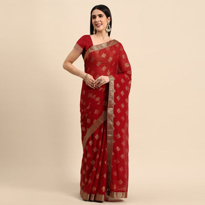 Maroon Foil Printed Chiffon Saree With Tassels