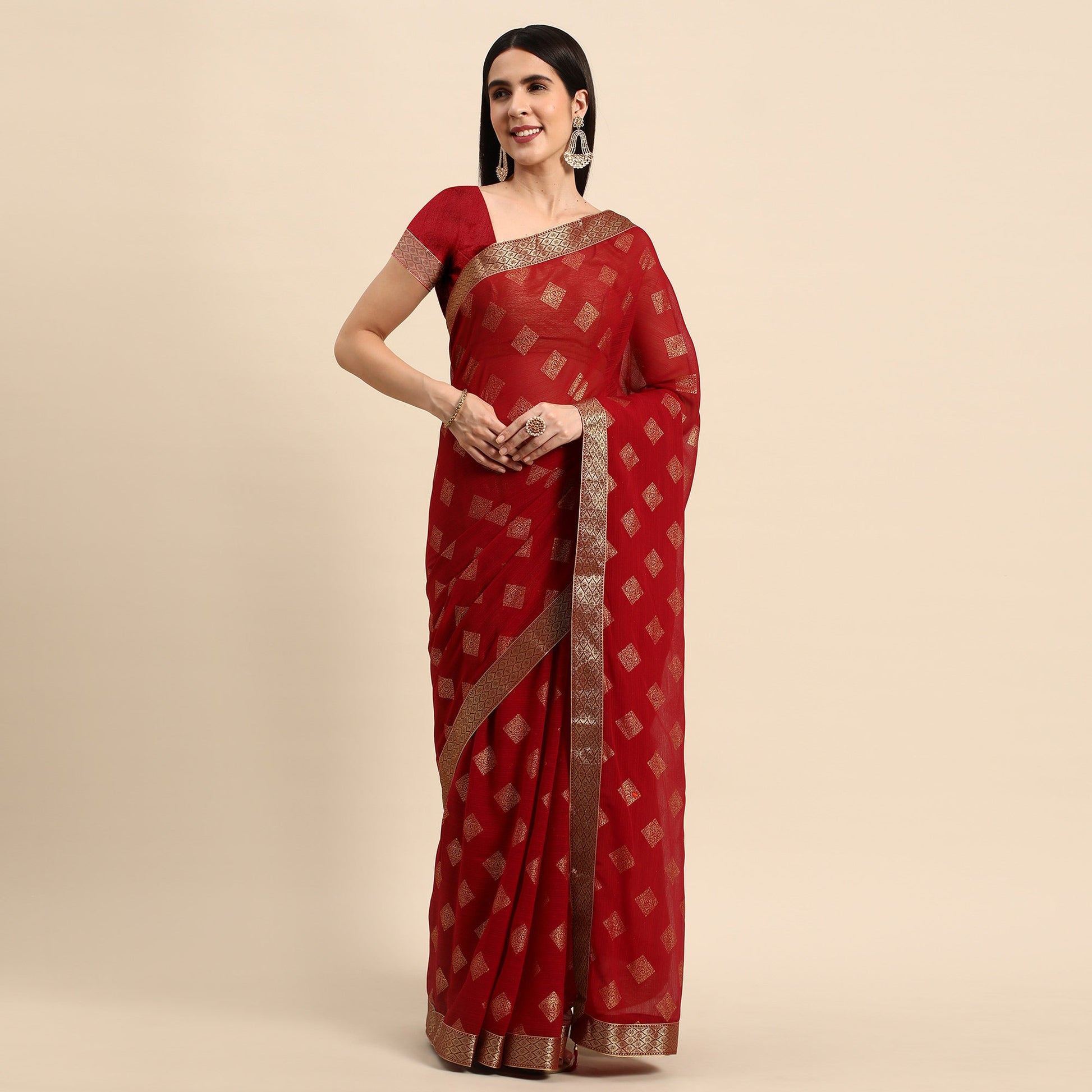 Maroon Foil Printed Chiffon Saree With Tassels