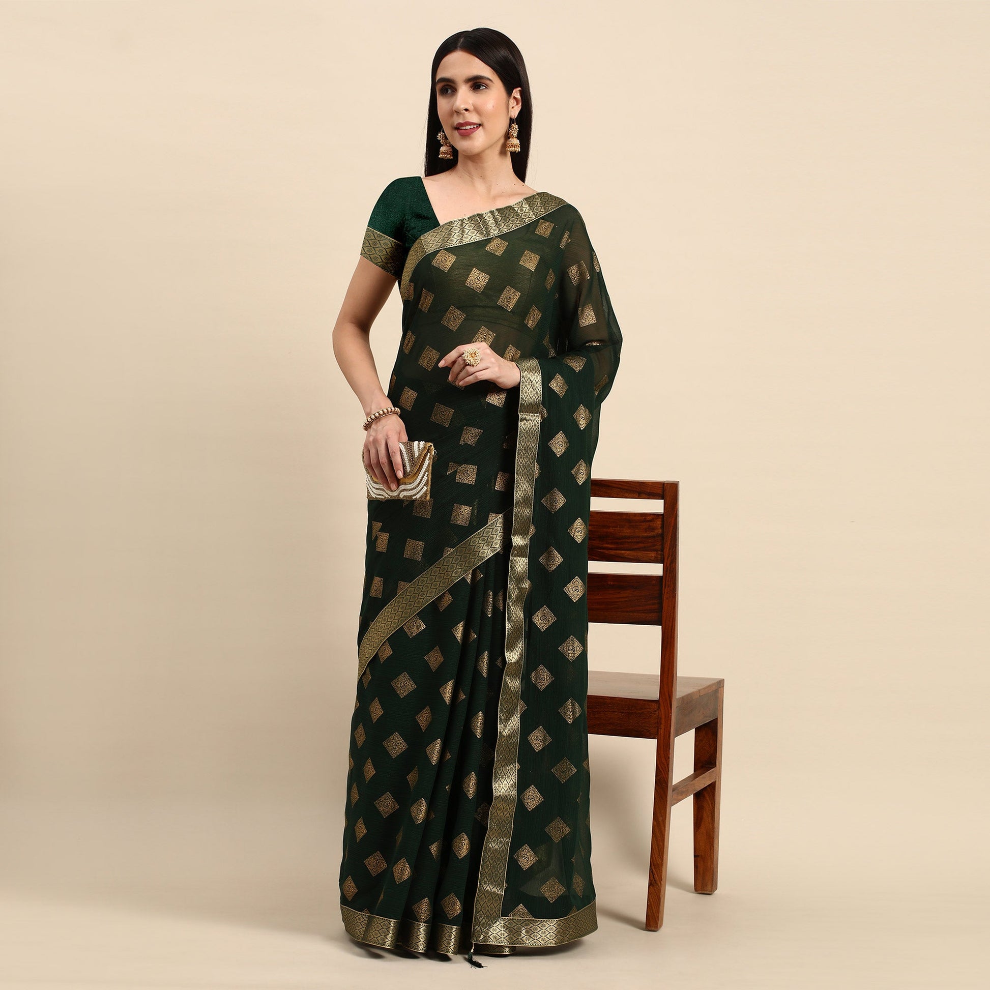 green-foil-printed-chiffon-saree-with-tassels-1