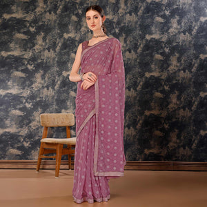 Mauve Printed Chiffon Saree With Lace Border
