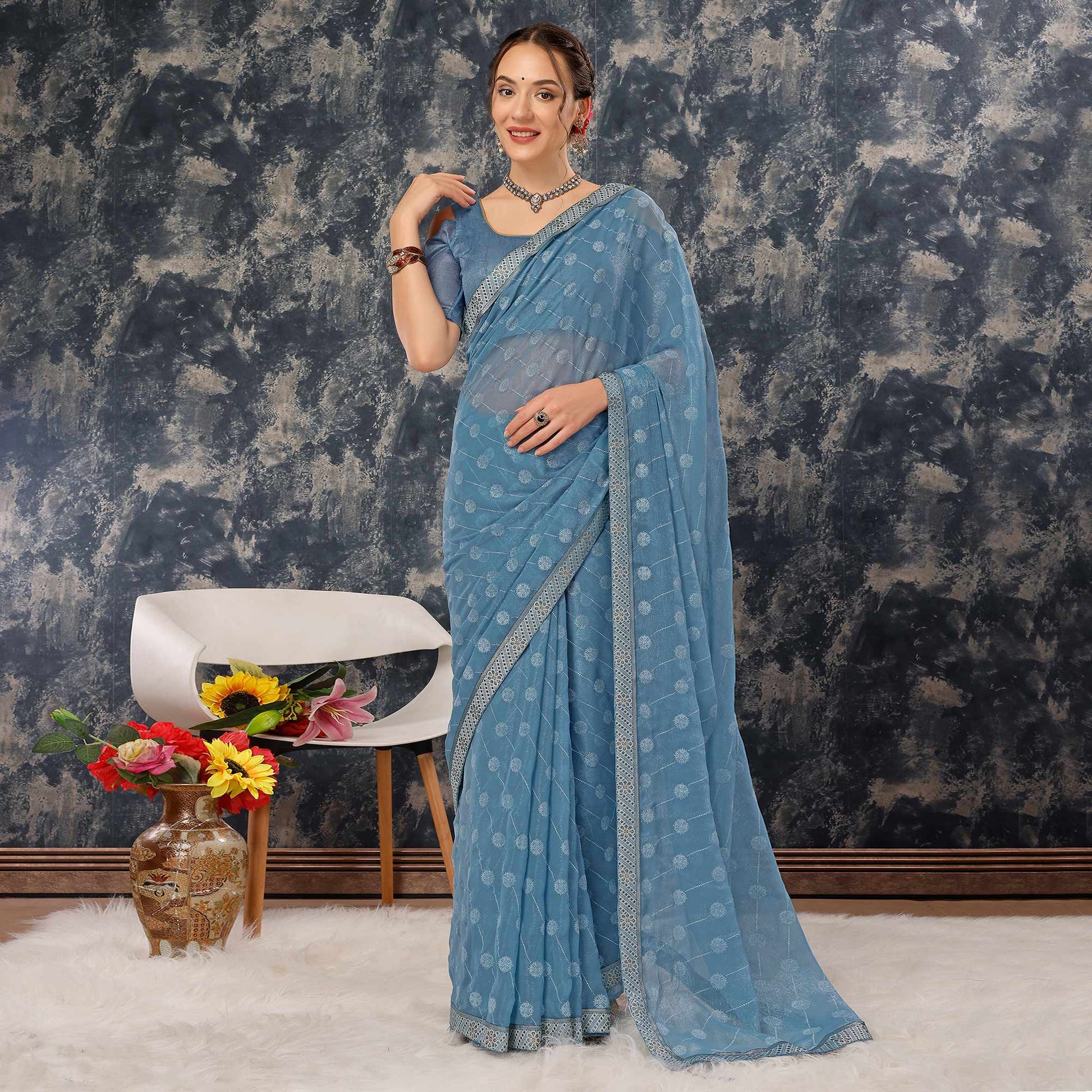 Greyish Blue Printed Chiffon Saree With Lace Border