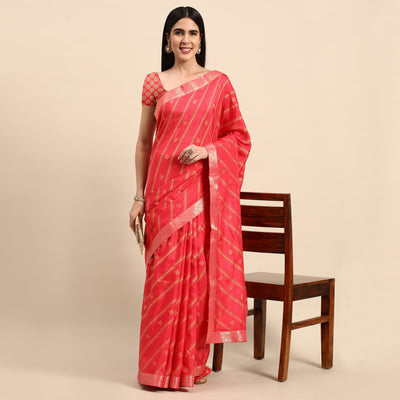 Gajri Pink Floral Foil Printed Chiffon Saree With Tassels