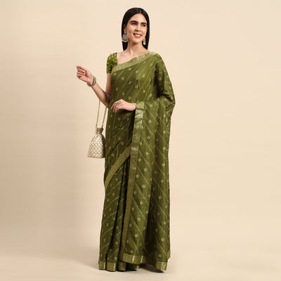 Mehendi Green Floral Foil Printed Vichitra Silk Saree
