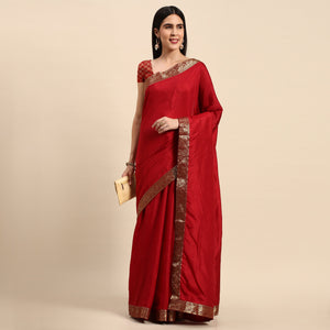 Maroon Solid Vichitra Silk Saree With Fancy Zari Border