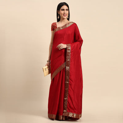 Maroon Solid Vichitra Silk Saree With Fancy Zari Border
