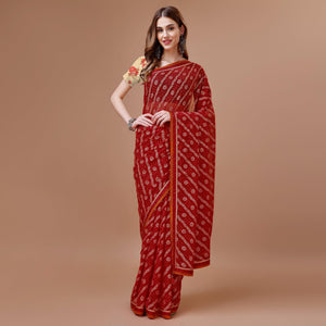 Maroon Floral Foil Printed Chiffon Saree With Lace Border