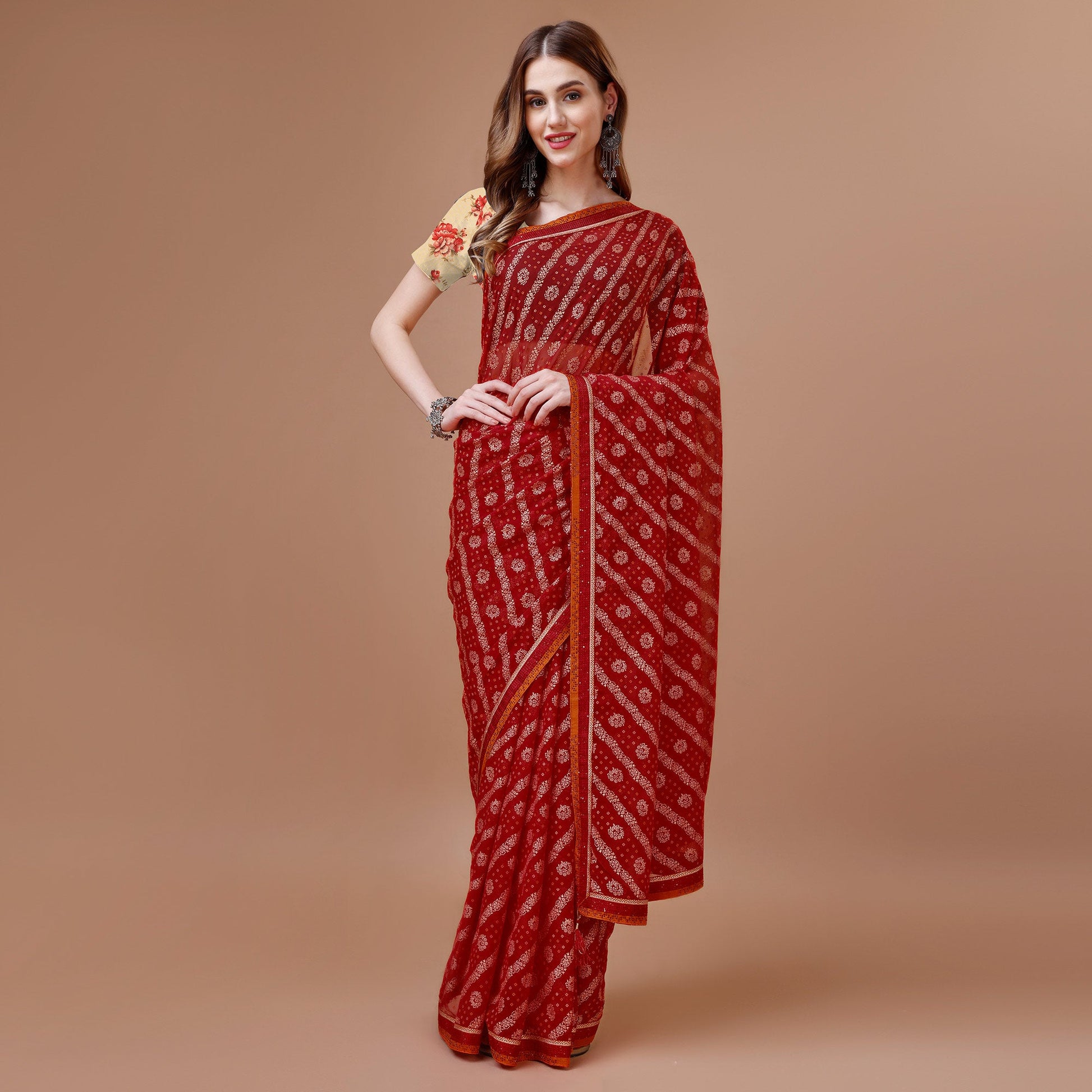 Maroon Floral Foil Printed Chiffon Saree With Lace Border