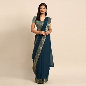 Blue Swarovski Work Chiffon Saree With Zari Border