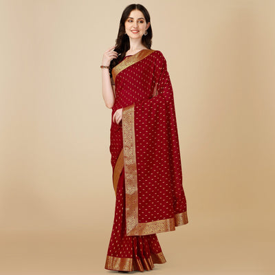 Maroon Foil Printed Vichitra Silk Saree With Jacquard Border