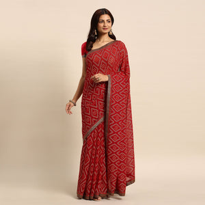 Maroon Floral Foil Printed Chiffon Saree With Tassels