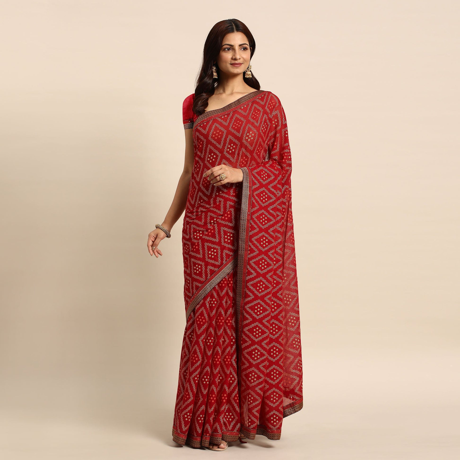 Maroon Floral Foil Printed Chiffon Saree With Tassels