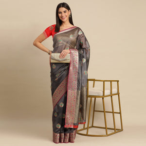 Grey Woven Organza Saree