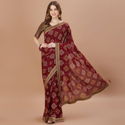 Brown Bandhani Printed Chiffon Saree