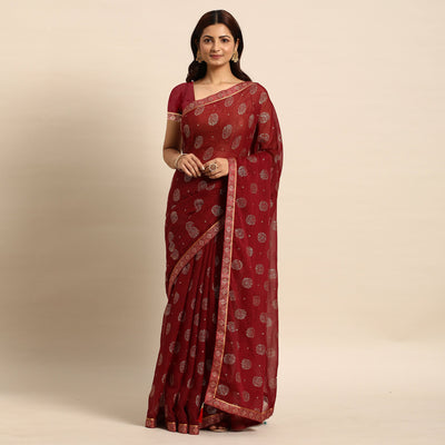 Maroon Foil Printed With Embellished Chiffon Saree