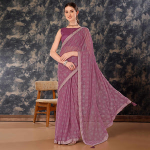 Mauve Printed Chiffon Saree With Lace Border