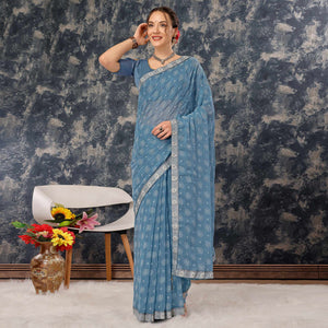 Greyish Blue Printed Chiffon Saree With Lace Border