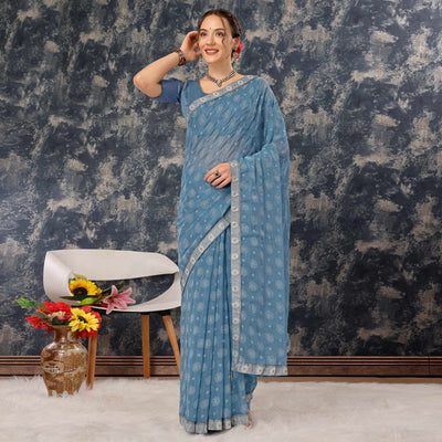 Greyish Blue Printed Chiffon Saree With Lace Border