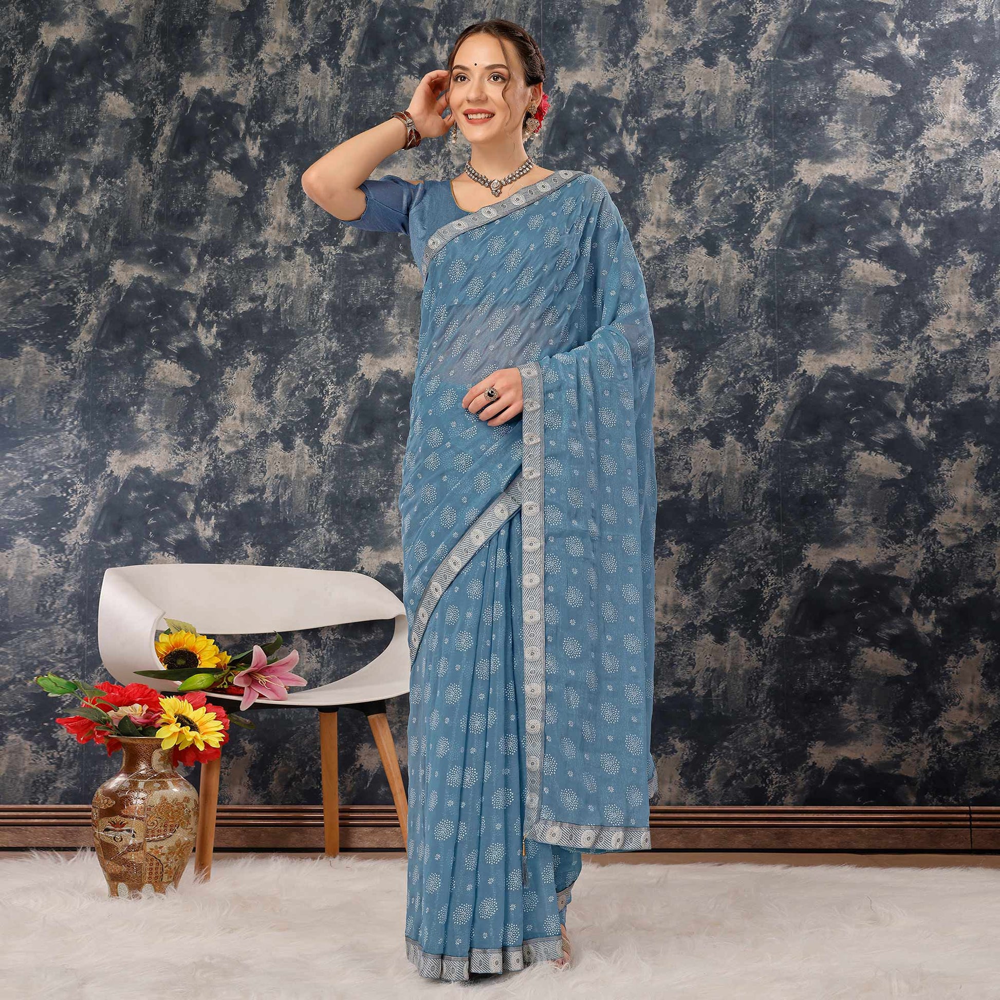 Greyish Blue Printed Chiffon Saree With Lace Border