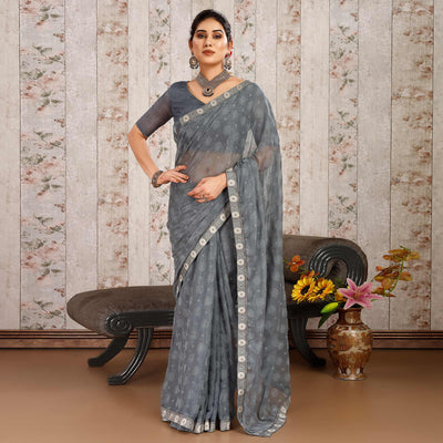 Grey Printed Chiffon Saree With Lace Border