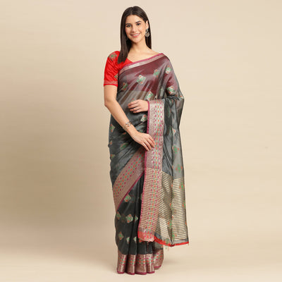 Grey Woven Organza Saree