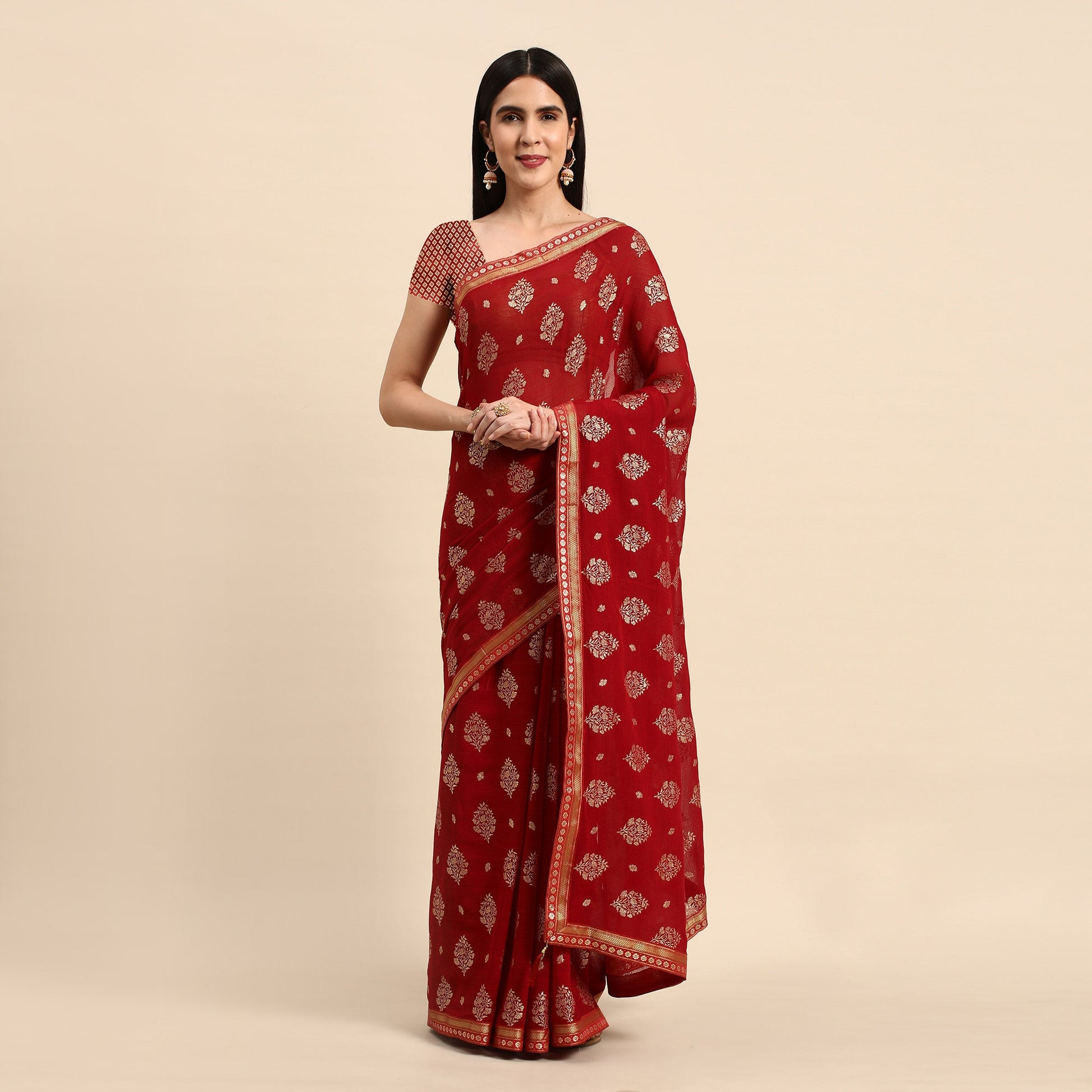 Maroon Floral Foil Printed Chiffon Saree With Tassels