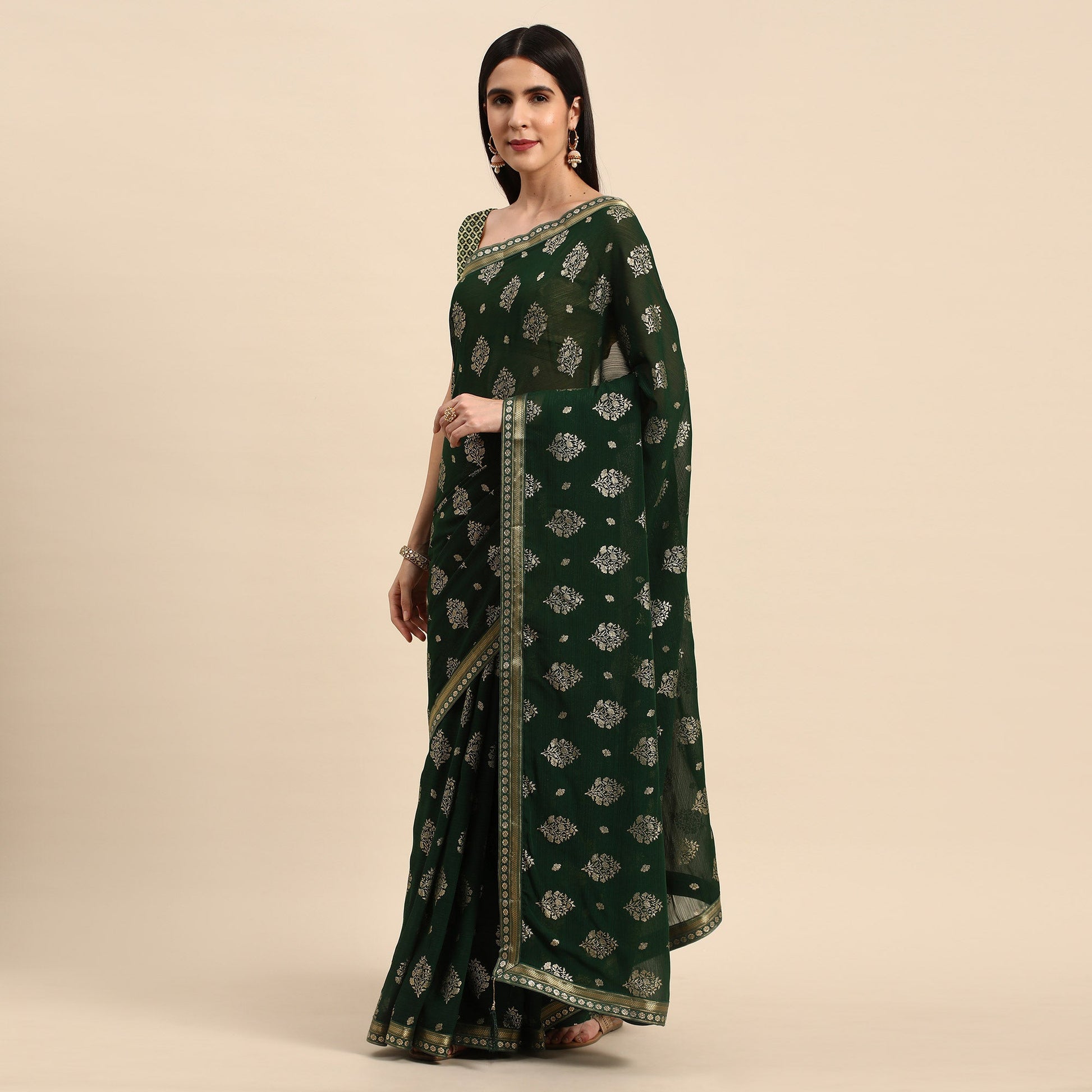 green-floral-foil-printed-chiffon-saree-with-tassels