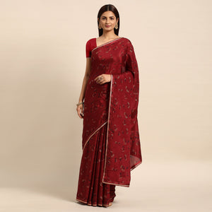 Brown Foil Printed Chiffon Saree