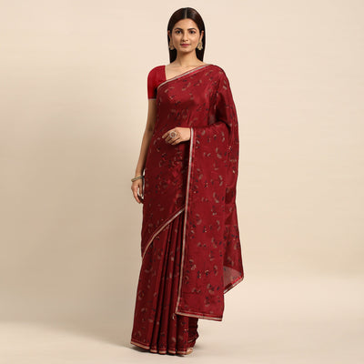 Brown Foil Printed Chiffon Saree
