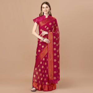 Dark Magenta Zari Work Chiffon Saree With Tassels