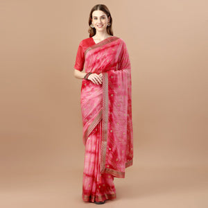 Gajari Pink Zari Work Chiffon Saree Lace Border
