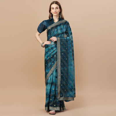 Blue Zari Work Chiffon Saree Lace Border