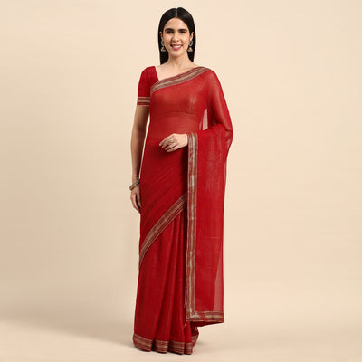 Maroon Solid With Woven Border Chiffon Saree With Tassels